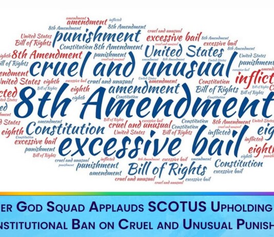 Colorful word cloud centered on 'cruel and unusual punishment' and '8th Amendment,' with a lower banner praising SCOTUS for upholding the ban on cruel punishment.