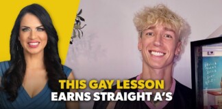 Video thumbnail: smiling woman on the left and a smiling young man on the right, bold yellow and white title at the bottom about a gay lesson earning straight A’s (LGBTQ education topic).