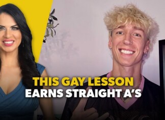 Video thumbnail: smiling woman on the left and a smiling young man on the right, bold yellow and white title at the bottom about a gay lesson earning straight A’s (LGBTQ education topic).