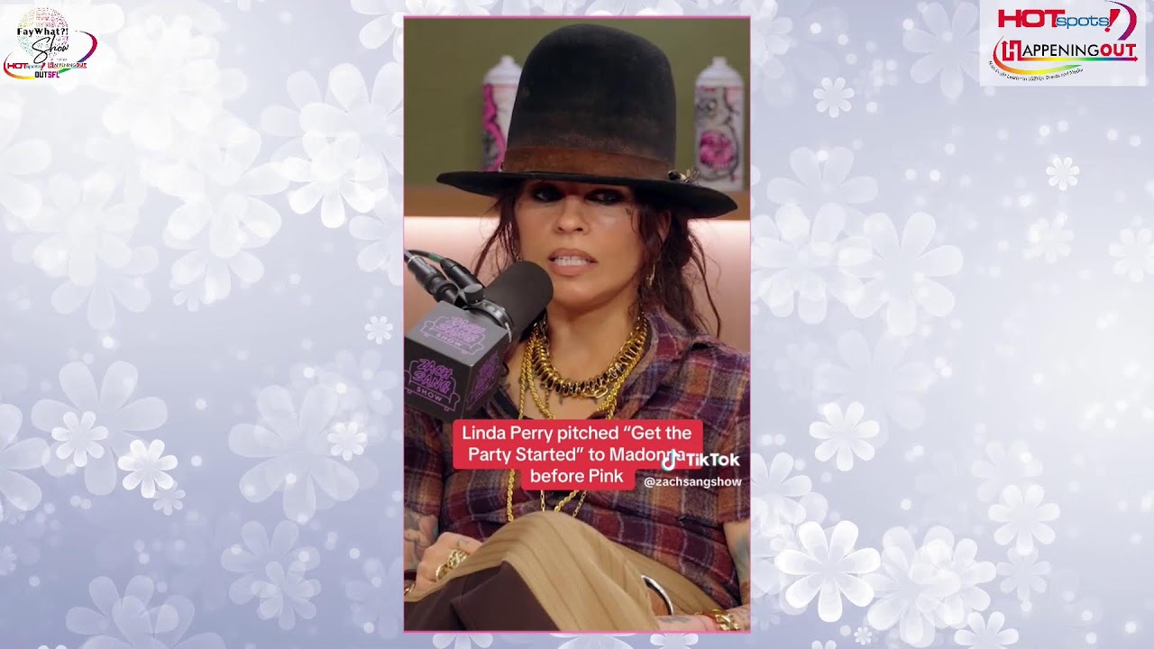 Woman wearing a wide black hat and plaid shirt speaks into a microphone during a radio interview, with a red caption about Linda Perry visible on screen.