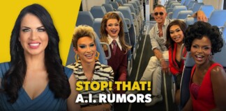 thumbnail for a video: smiling woman in blue foreground with a plane cabin and a group of diverse people in stylish outfits; bold yellow text reads 'STOP! THAT! A.I. RUMORS'