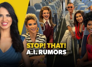 thumbnail for a video: smiling woman in blue foreground with a plane cabin and a group of diverse people in stylish outfits; bold yellow text reads 'STOP! THAT! A.I. RUMORS'