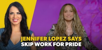 Video thumbnail showing two women with a purple and yellow background; bold yellow caption about skipping work for Pride across the bottom.