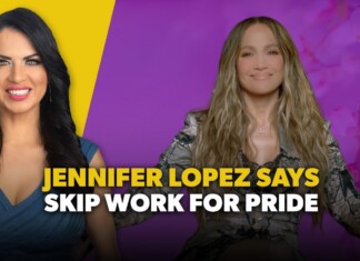 Jennifer Lopez Says Skip Work For Pride Video thumbnail showing two women with a purple and yellow background; bold yellow caption about skipping work for Pride across the bottom.