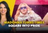 Thumbnail: woman in blue on a yellow background beside a performer in a metallic outfit with blue sunglasses and bold headline about Madonna turns Times Square into Pride.