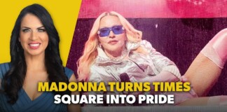 Thumbnail: woman in blue on a yellow background beside a performer in a metallic outfit with blue sunglasses and bold headline about Madonna turns Times Square into Pride.