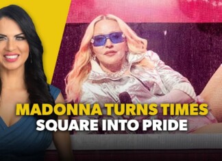 Madonna Turns Times Square Into Pride Thumbnail: woman in blue on a yellow background beside a performer in a metallic outfit with blue sunglasses and bold headline about Madonna turns Times Square into Pride.