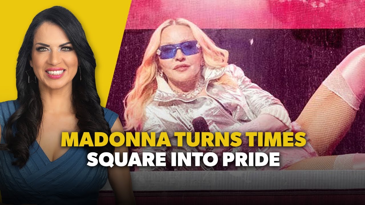 Madonna Turns Times Square Into Pride Thumbnail: woman in blue on a yellow background beside a performer in a metallic outfit with blue sunglasses and bold headline about Madonna turns Times Square into Pride.