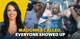 Thumbnail: Madonna on the left with a yellow background and a group of dancers on the right; bold caption 'MADONNA CALLED, EVERYONE SHOWED UP'.