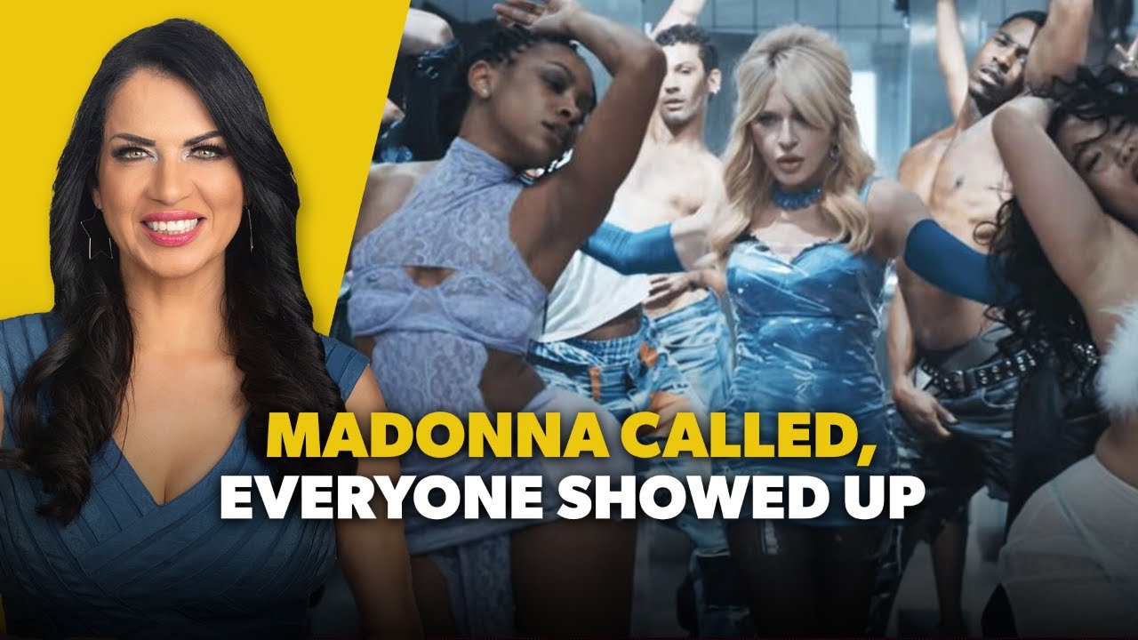 Madonna Called, Everyone Showed Up Thumbnail: Madonna on the left with a yellow background and a group of dancers on the right; bold caption 'MADONNA CALLED, EVERYONE SHOWED UP'.