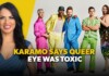 Thumbnail: a smiling woman on the left with a yellow background and five men in bright suits on the right; bold headline reads 'KARAMO SAYS QUEER EYE WAS TOXIC'.