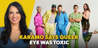 Thumbnail: a smiling woman on the left with a yellow background and five men in bright suits on the right; bold headline reads 'KARAMO SAYS QUEER EYE WAS TOXIC'.
