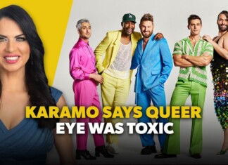 Karamo Says Queer Eye Was Toxic Thumbnail: a smiling woman on the left with a yellow background and five men in bright suits on the right; bold headline reads 'KARAMO SAYS QUEER EYE WAS TOXIC'.