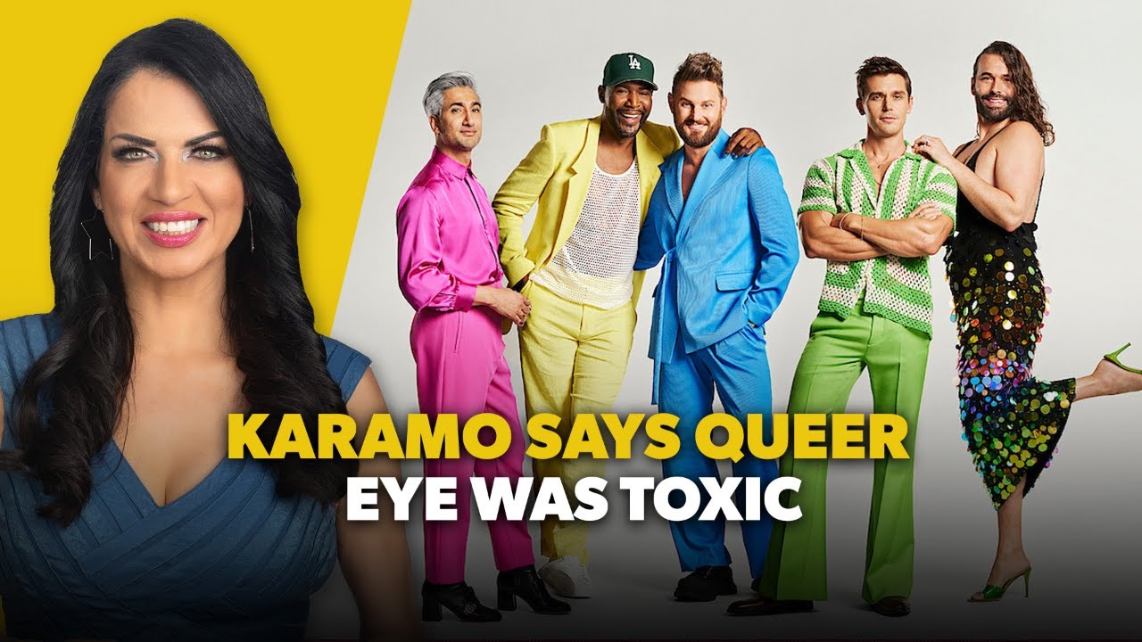 Karamo Says Queer Eye Was Toxic Thumbnail: a smiling woman on the left with a yellow background and five men in bright suits on the right; bold headline reads 'KARAMO SAYS QUEER EYE WAS TOXIC'.