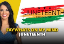 Smiling woman on the left with a yellow background and a Juneteenth banner reading Freedom Day on colorful brushes; bold video title text at bottom.