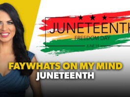 Smiling woman on the left with a yellow background and a Juneteenth banner reading Freedom Day on colorful brushes; bold video title text at bottom.