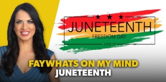 Smiling woman on the left with a yellow background and a Juneteenth banner reading Freedom Day on colorful brushes; bold video title text at bottom.