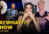 Video thumbnail for 'FAY WHAT?! SHOW' featuring a surprised woman in a black dress covering her mouth, a smiling blonde man making a hand sign on the right, and a man holding a large decorative fan on the left; bold yellow text reads 'FAY WHAT?! SHOW' with the date 'June 23, 2026'.