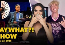 Video thumbnail for 'FAY WHAT?! SHOW' featuring a surprised woman in a black dress covering her mouth, a smiling blonde man making a hand sign on the right, and a man holding a large decorative fan on the left; bold yellow text reads 'FAY WHAT?! SHOW' with the date 'June 23, 2026'.