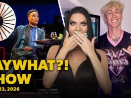 Video thumbnail for 'FAY WHAT?! SHOW' featuring a surprised woman in a black dress covering her mouth, a smiling blonde man making a hand sign on the right, and a man holding a large decorative fan on the left; bold yellow text reads 'FAY WHAT?! SHOW' with the date 'June 23, 2026'.