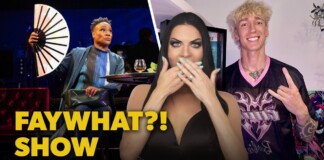 Video thumbnail for 'FAY WHAT?! SHOW' featuring a surprised woman in a black dress covering her mouth, a smiling blonde man making a hand sign on the right, and a man holding a large decorative fan on the left; bold yellow text reads 'FAY WHAT?! SHOW' with the date 'June 23, 2026'.