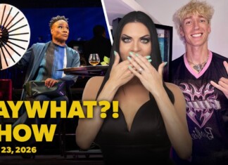 Video thumbnail for 'FAY WHAT?! SHOW' featuring a surprised woman in a black dress covering her mouth, a smiling blonde man making a hand sign on the right, and a man holding a large decorative fan on the left; bold yellow text reads 'FAY WHAT?! SHOW' with the date 'June 23, 2026'.