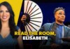 Thumbnail showing a smiling woman in a blue dress on a yellow background beside a man at a table with a large fan, with the bold caption 'READ THE ROOM, ELISABETH'.