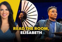 Thumbnail showing a smiling woman in a blue dress on a yellow background beside a man at a table with a large fan, with the bold caption 'READ THE ROOM, ELISABETH'.