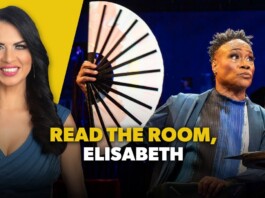 Thumbnail showing a smiling woman in a blue dress on a yellow background beside a man at a table with a large fan, with the bold caption 'READ THE ROOM, ELISABETH'.