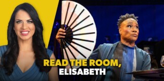 Thumbnail showing a smiling woman in a blue dress on a yellow background beside a man at a table with a large fan, with the bold caption 'READ THE ROOM, ELISABETH'.