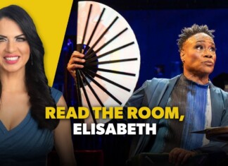 Thumbnail showing a smiling woman in a blue dress on a yellow background beside a man at a table with a large fan, with the bold caption 'READ THE ROOM, ELISABETH'.