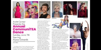 Promotional poster for Arsht Center's Annual CommuniTEA Dance with photos of drag performers (Alyssa Edwards, Fay What?!, DJ Zac Manta, Lady Paraiso, LA The King, Roxie Stones, Jellyka Boom, Anthony Velazquez) and event details.