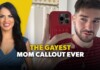 Split-screen thumbnail: smiling woman on the left with a yellow background and a man taking a selfie on the right, bold caption 'THE GAYEST MOM CALLOUT EVER'.