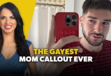 Split-screen thumbnail: smiling woman on the left with a yellow background and a man taking a selfie on the right, bold caption 'THE GAYEST MOM CALLOUT EVER'.