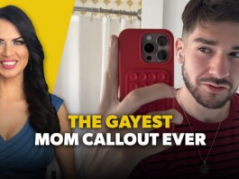 Split-screen thumbnail: smiling woman on the left with a yellow background and a man taking a selfie on the right, bold caption 'THE GAYEST MOM CALLOUT EVER'.