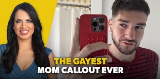 Split-screen thumbnail: smiling woman on the left with a yellow background and a man taking a selfie on the right, bold caption 'THE GAYEST MOM CALLOUT EVER'.