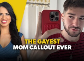Split-screen thumbnail: smiling woman on the left with a yellow background and a man taking a selfie on the right, bold caption 'THE GAYEST MOM CALLOUT EVER'.