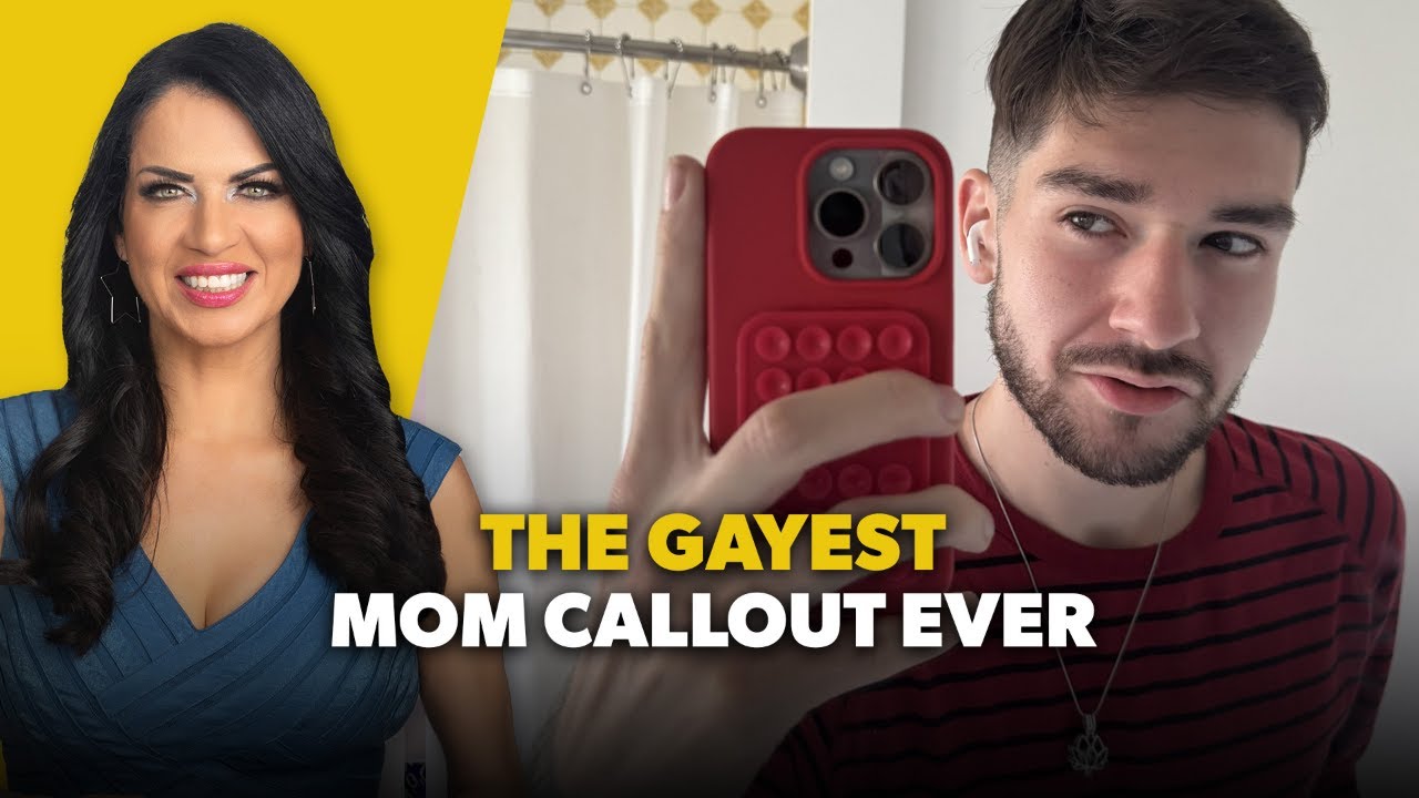 Split-screen thumbnail: smiling woman on the left with a yellow background and a man taking a selfie on the right, bold caption 'THE GAYEST MOM CALLOUT EVER'.