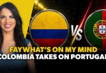 Video thumbnail: smiling woman on the left, bright yellow backdrop, Colombia vs Portugal flags in circles with a VS in between and bold text across bottom.