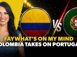 Video thumbnail: smiling woman on the left, bright yellow backdrop, Colombia vs Portugal flags in circles with a VS in between and bold text across bottom.