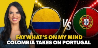 Video thumbnail: smiling woman on the left, bright yellow backdrop, Colombia vs Portugal flags in circles with a VS in between and bold text across bottom.