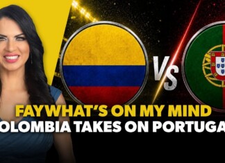 Video thumbnail: smiling woman on the left, bright yellow backdrop, Colombia vs Portugal flags in circles with a VS in between and bold text across bottom.