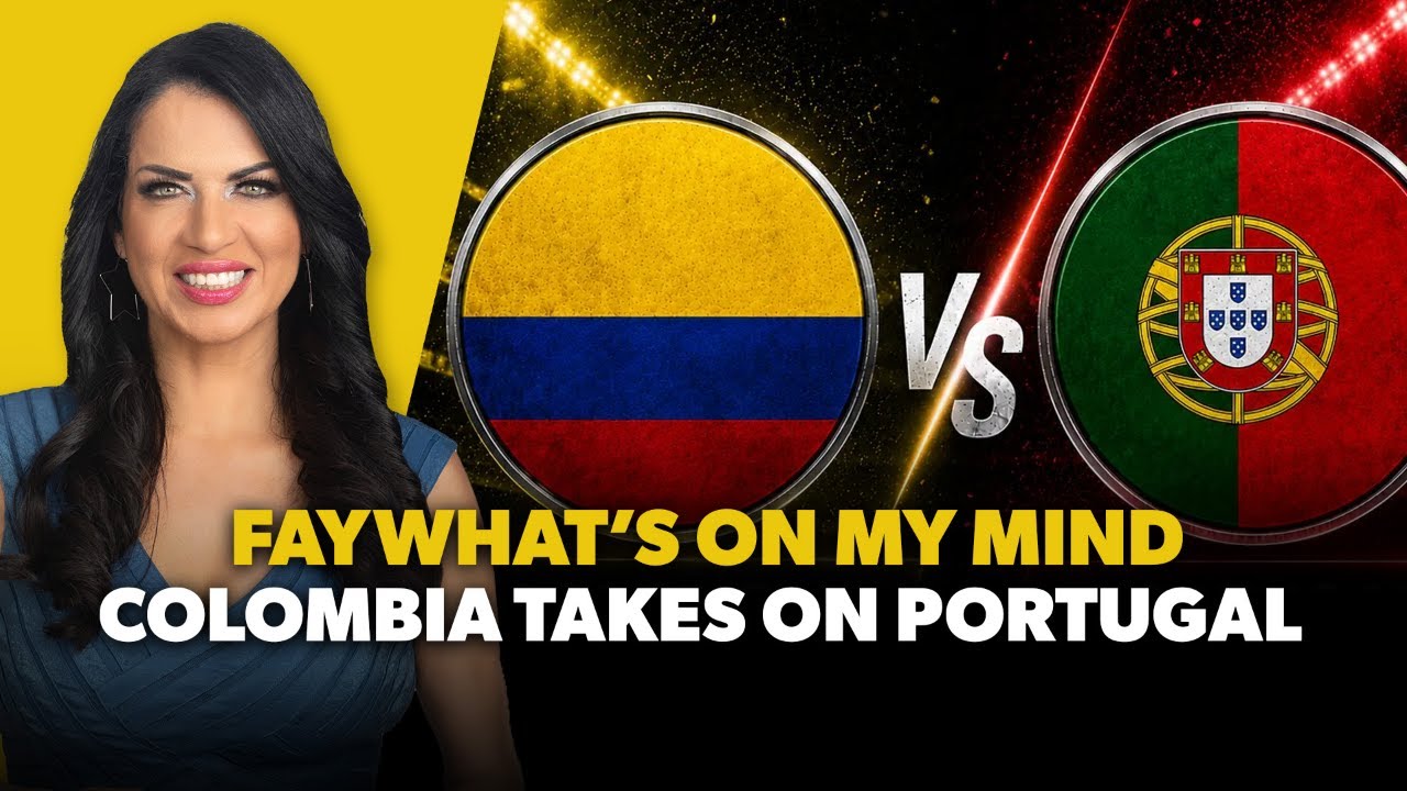 Video thumbnail: smiling woman on the left, bright yellow backdrop, Colombia vs Portugal flags in circles with a VS in between and bold text across bottom.