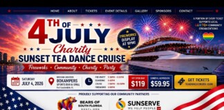 Promotional banner for a 4th of July charity sunset tea cruise with fireworks, large boat, and ticket info.