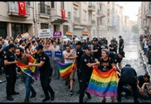 Police form a barrier as LGBTQ2+ protesters march down a narrow street, holding rainbow flags and Turkish signs amid cheering crowds.