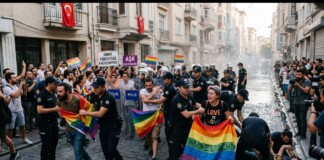 Police form a barrier as LGBTQ2+ protesters march down a narrow street, holding rainbow flags and Turkish signs amid cheering crowds.
