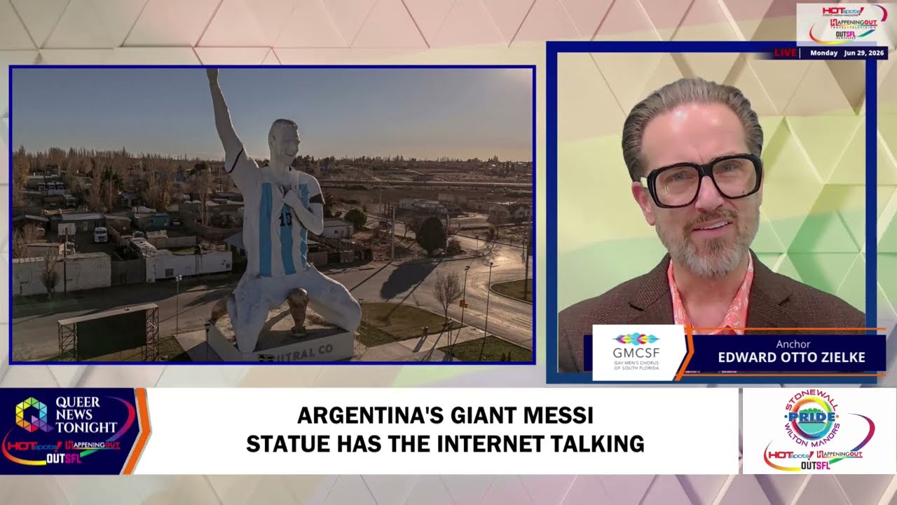 Argentina’s Giant Messi Statue Has the Internet Talking Split-screen news shot: left shows a giant statue of a soccer player in a blue-and-white jersey; right shows a male anchor with glasses.