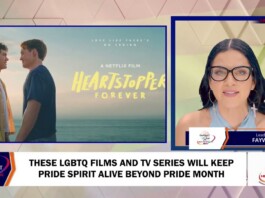 Split-screen TV segment: left shows the Heartstopper poster with two men facing at the beach; right shows a female host with glasses in a geometric studio backdrop.