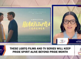These LGBTQ Films and TV Series Will Keep Pride Spirit Alive Beyond Pride Month Split-screen TV segment: left shows the Heartstopper poster with two men facing at the beach; right shows a female host with glasses in a geometric studio backdrop.