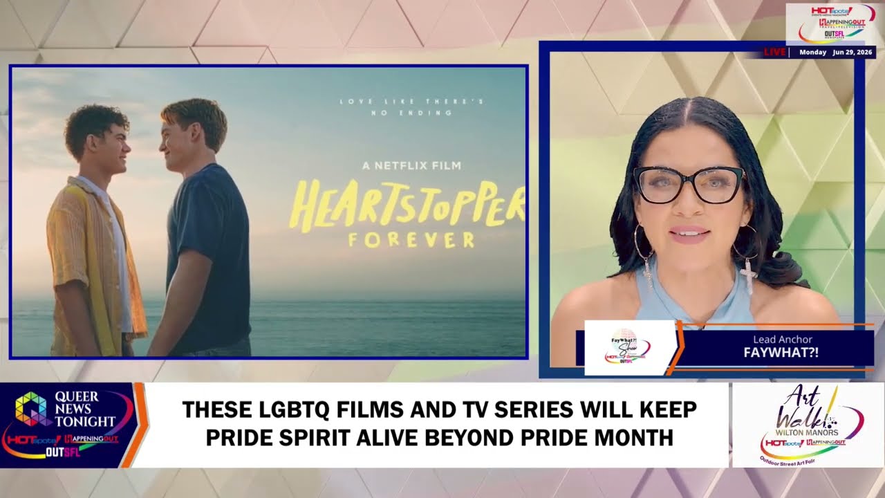 Split-screen TV segment: left shows the Heartstopper poster with two men facing at the beach; right shows a female host with glasses in a geometric studio backdrop.